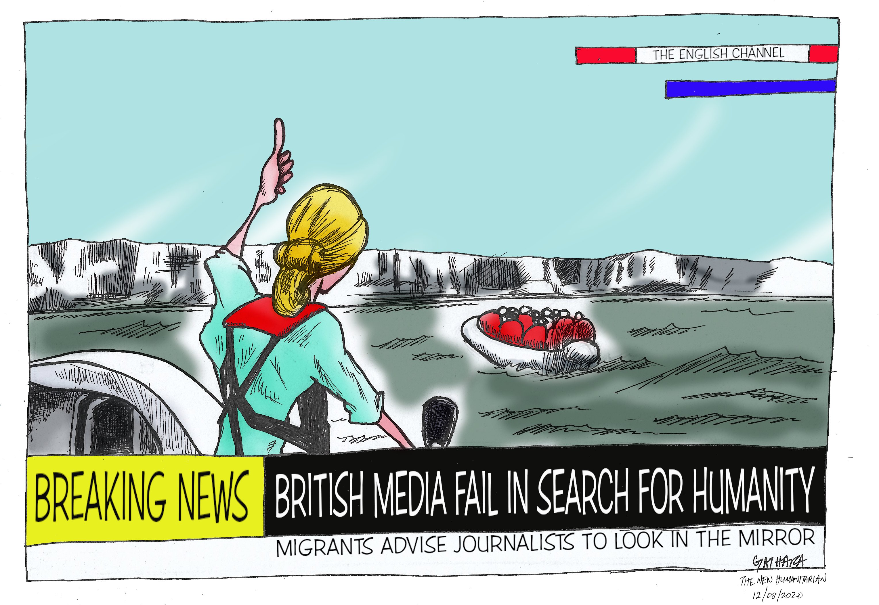 Cartoon: "British media fail in search for humanity" shows journalists accosting migrants in a boat. 