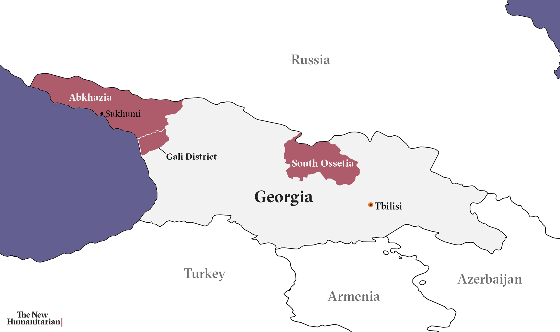 Map of Georgia showing Abkhazia, South Ossetia, Russia, Gali District, Sukhumi, Tbilisi 