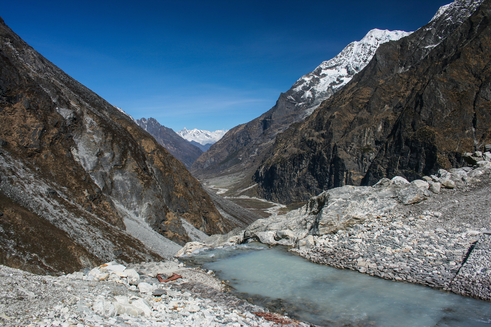 The controlled exit channel built in 2000 to lower the level of the Tsho Rolpa Glacial Lake