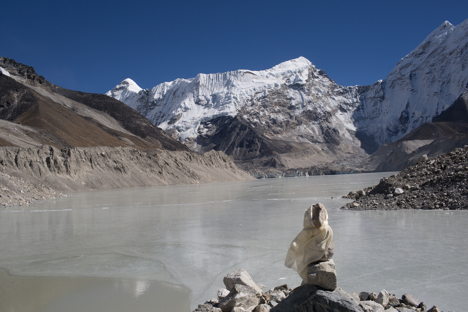 Imja Lake has become one of the biggest glacial lakes due to glacial melt over the past few decades. It's now 1.28  square kilometres with a depth of 150 metres.