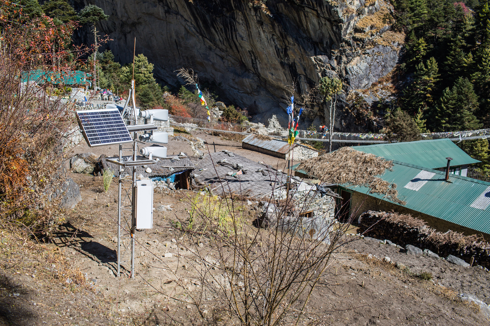 An early warning system installed in Phungithanka Village, which will receive an automated warning if there is a risk that the Imja Lake will overflow