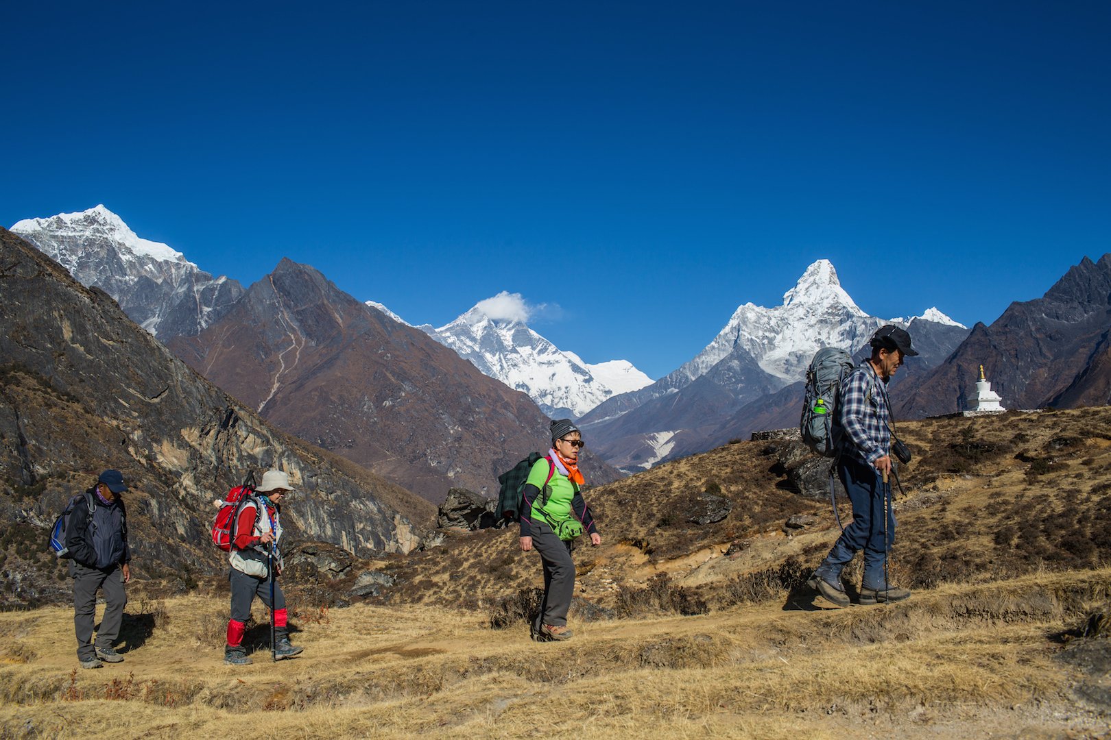 Tourists trek through Solukhumbu District in the Everest region