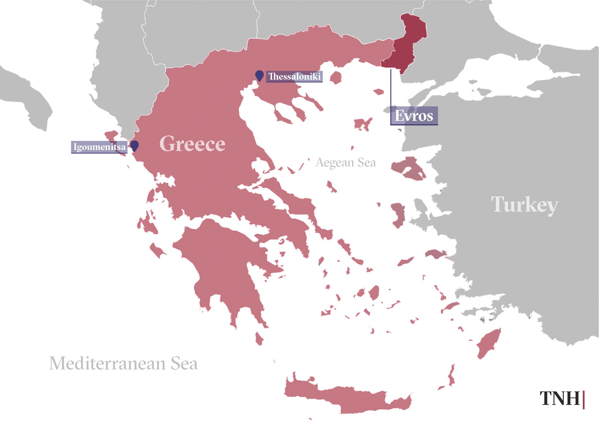 Map of Greece with various map markers