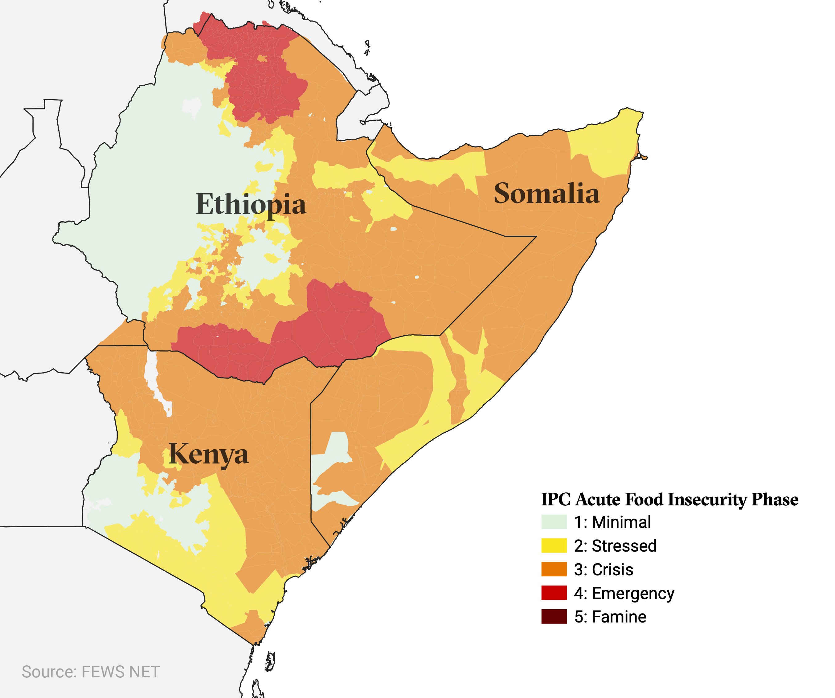 A map showing FEWS NET food insecurity classifications in Ethiopia, Kenya, and Somalia. Parts of both northern and southern Ethiopia are in an emergency phase.