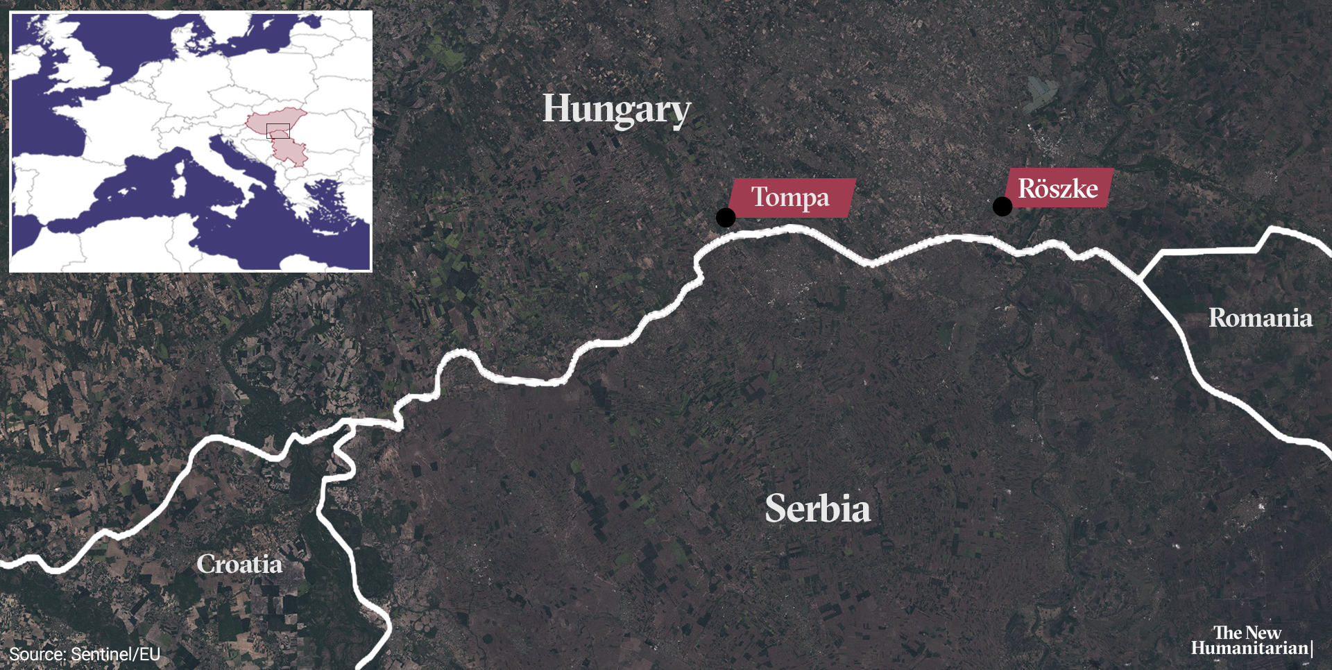 Map of Hungary and Serbia border with Tompa and Röszke