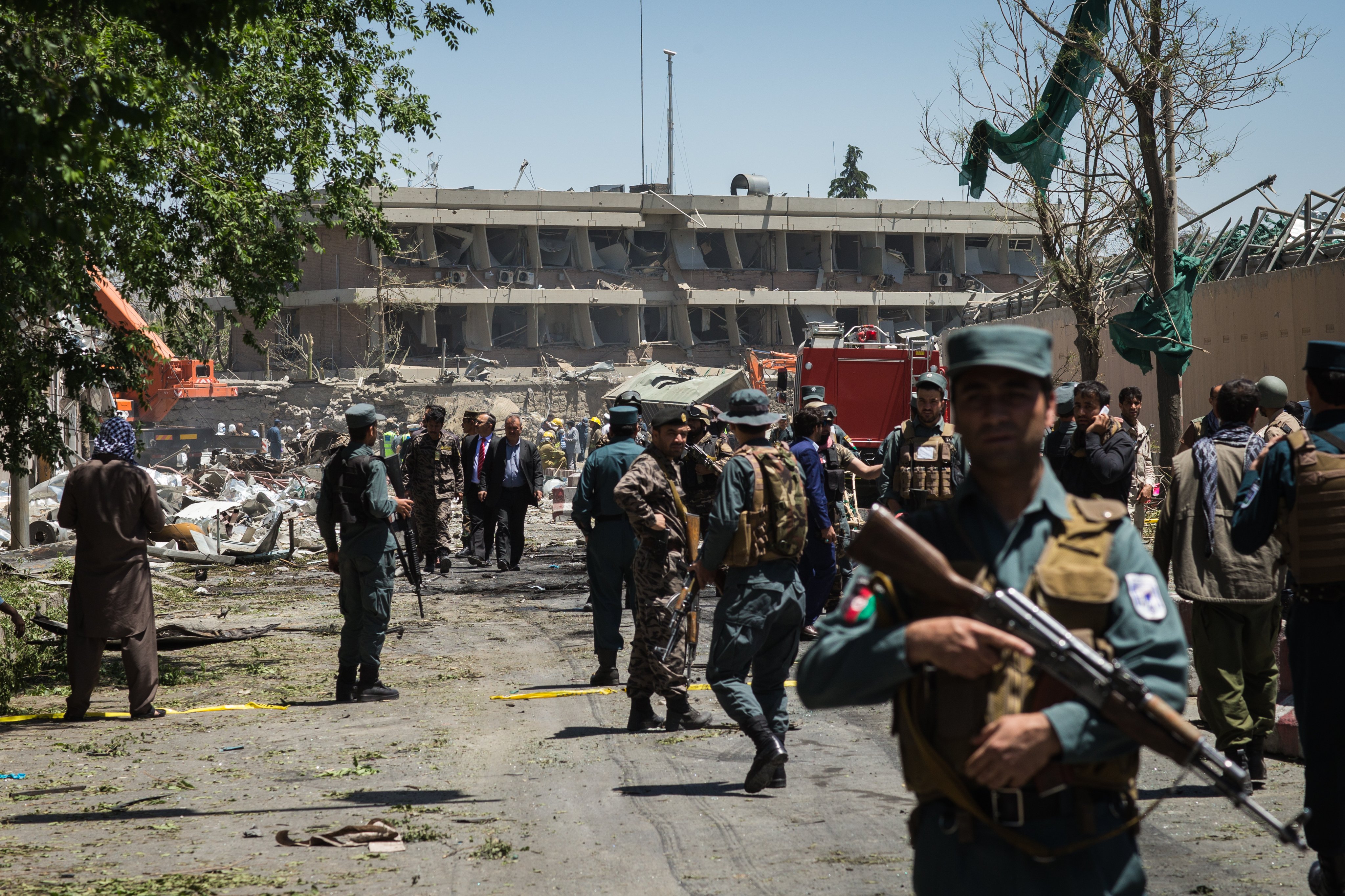 Damage from a blast that detonated in the diplomatic district in Kabul, Afghanistan