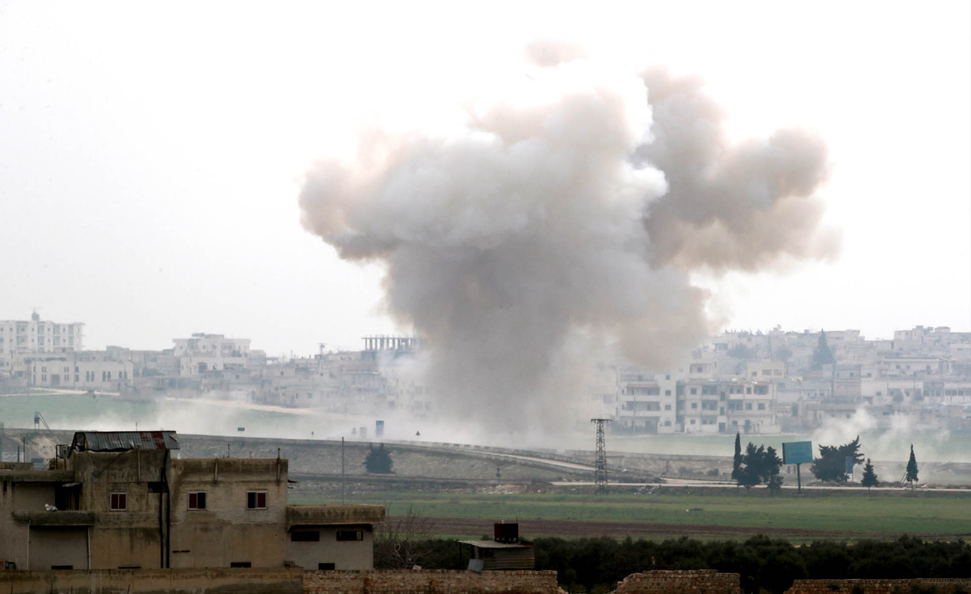 Smoke rises after an airstrike in Saraqeb in Idlib province, Syria, on 28 February 2020.