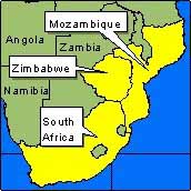 Country Map - Mozambique, South Africa and Zimbabwe
