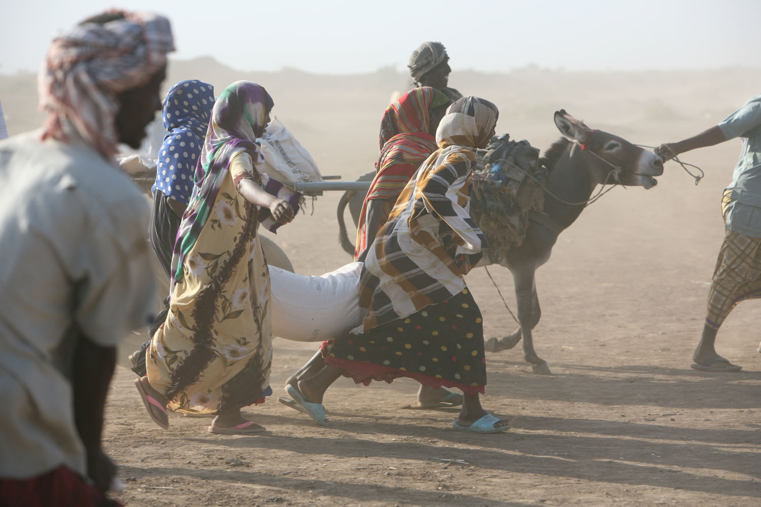 Displaced people carrying sacks of maize from the distribution centre organised by the UN World Food Programme, Jowhar, Somalia. September 2007. There has been a substantial increase in the number of people fleeing the conflict in Mogadishu, the Somali ca