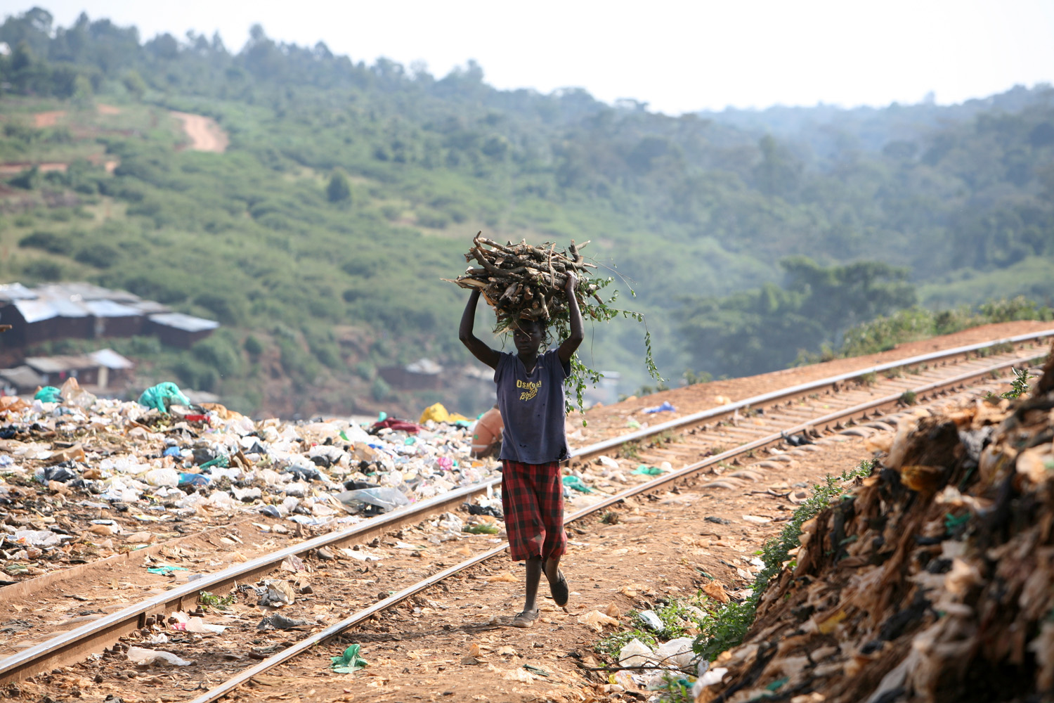 A young girl carrying a load of firewood in Kibera slum, Nairobi, Kenya, October 2007. People are dependent on firewood and paraffin as a source of energy.