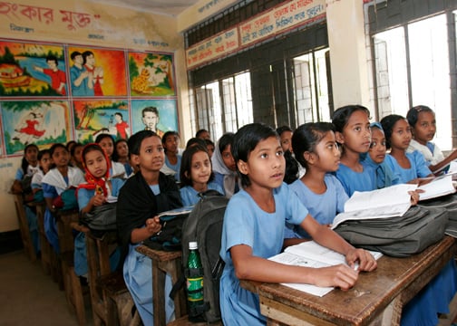 There are 16.5 million children attending primary school in Bangladesh today. The government spends 2.4 percent of its GNP on eduation - the lowest in South Asia.