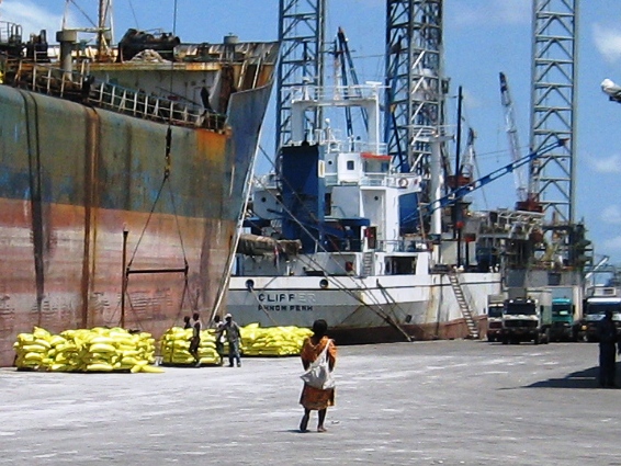 International food aid arriving at the port in Douala.