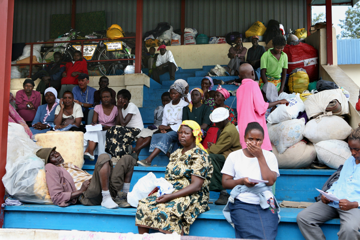 Internally displaced people seek shelter at the Nakuru show grounds, Kenya. January 2008. Thousand of people have been displaced following the post election violence that hit Kenya recently.