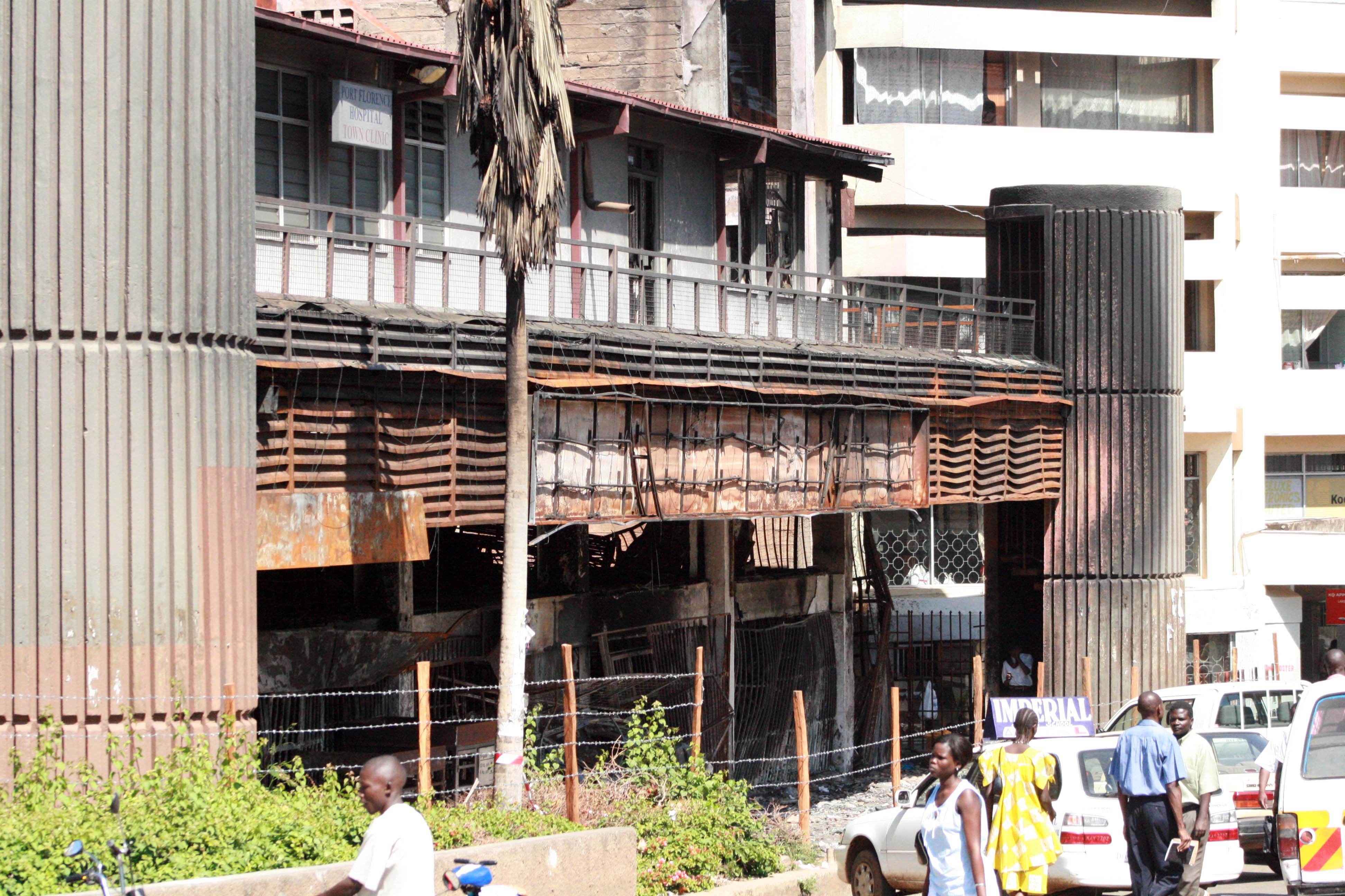 A building burnt by arsonists during the post-election violence in Kisumu city, Kenya, February 2008. Many businesses have suffered massive losses in the post-election violence, especially in Kisumu town.