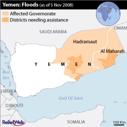 Map of Yemen showing flood-hit Hadramaut and Al Maharah provinces