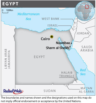 A map of Egypt highlighting Sharm al-Sheikh and Nuweibaa in the Sinai Peninsula