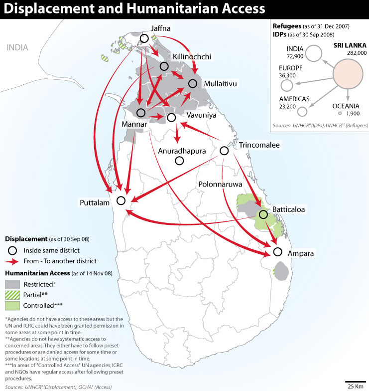 Carte des déplacements internes et de l’accès humanitaire au Sri Lanka
Voir la version complète de la carte au format IMAGE ou PDF, ainsi qu’un profil pays du Sri Lanka
A map of Sri Lanka showing the situation for internal displacement and humanitarian access