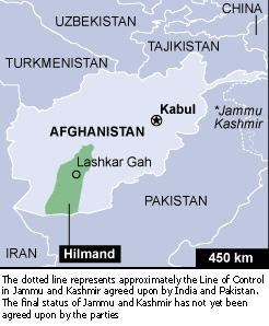 A map of Afghanistan highlighting the restive southern province of Hilmand (also spelt Helmand)