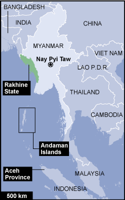 A map showing the home area of the Rohingya people in Rakhine state, northwestern Myanmar, and two places where the Rohingya have recently fled to in boats: the Andaman Islands in Thailand and Aceh in Indonesia. There are 28,000 recognised Rohingya refuge