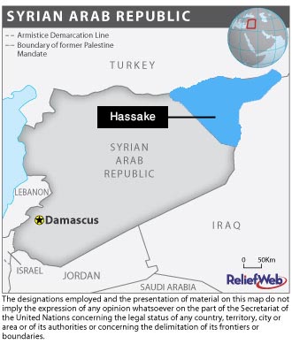 Carte de la Syrie montrant le gouvernorat d'Hasakeh, au nord-est, touché par la sécheresse A map of Syria highlighting drought-hit Hassake Governorate in the northeast
