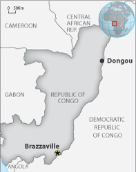 Map of the Republic of Congo, to where over 100,000 refugees from neighbouring Democratic Republic of Congo have fled inter-communal clashes via the Ubangui river, which marks the border between the two countries