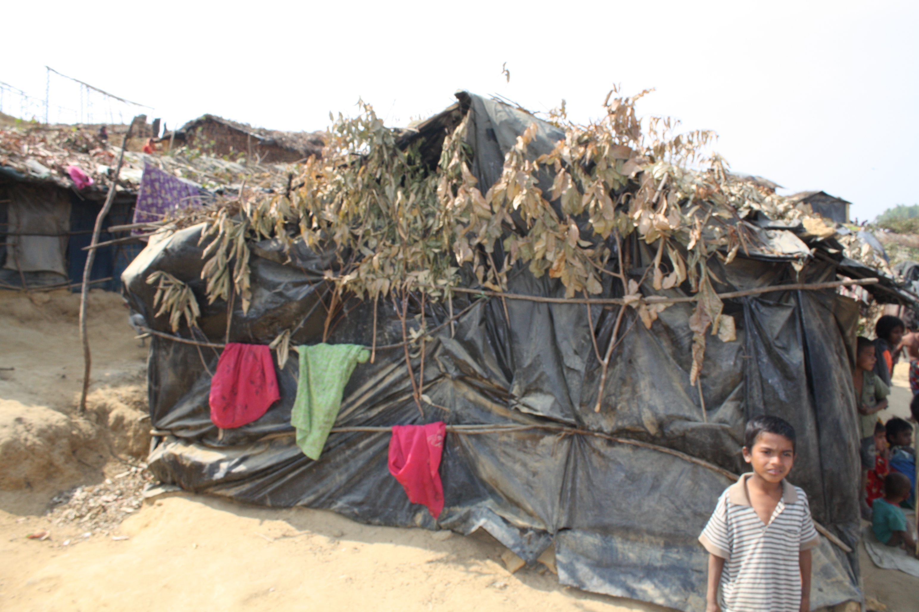 A hut of plastic and twigs erected by an increasing number of undocumented Rohingya refugees at the Kutupalong makeshift site outside of Cox's Bazar