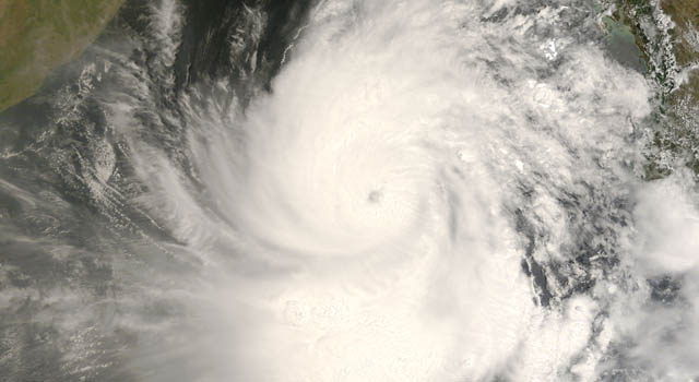 The Moderate Resolution Imaging Spectroradiometer (MODIS) on NASA’s Terra satellite captured this image of Cyclone Nargis as it churned over the Bay of Bengal between India and Burma (Myanmar) at 10:40 a.m. local time on May 2, 2008