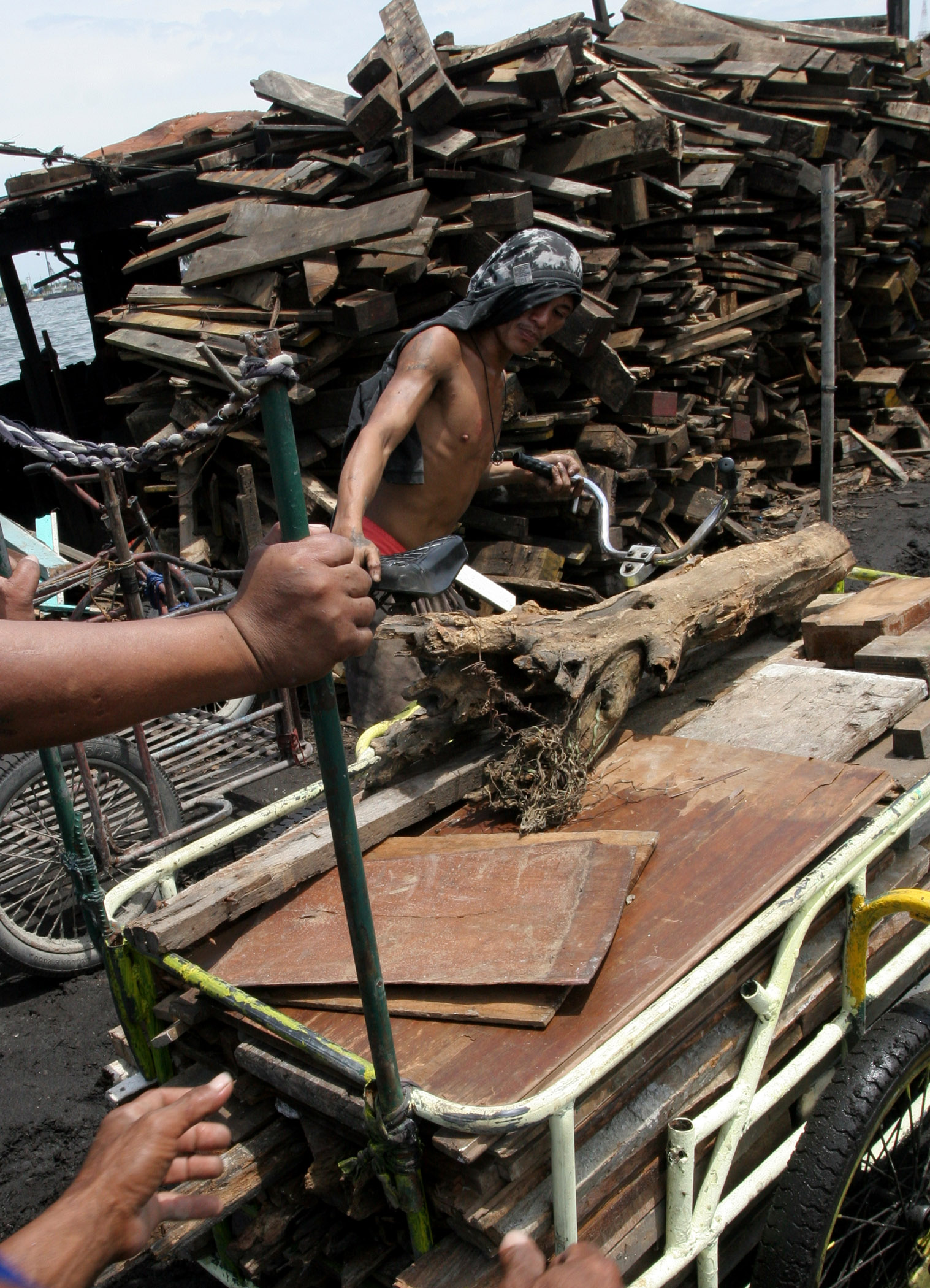 Men haul scrap to burn as fuel and to use in rebuilding their homes in a Manila slum on the shores of Manila Bay that was destroyed by typhoons in 2009