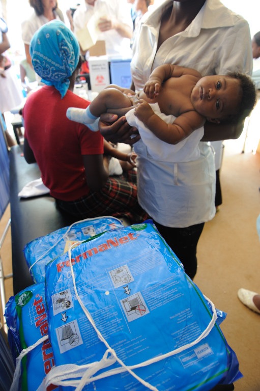 Insecticde impregnated mosquito nets are given free to mothers at a