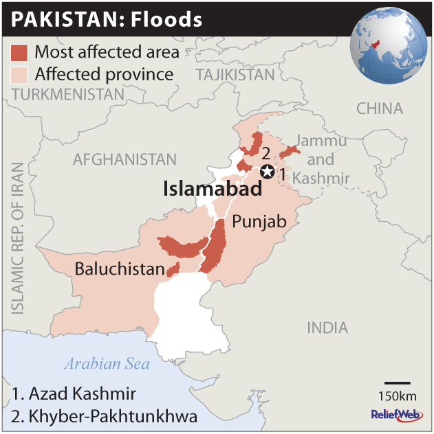 Floods caused by heavy rains have affected Azad Kashmir, Baluchistan, Khyber-Pakhtunkhwa and Punjab
districts