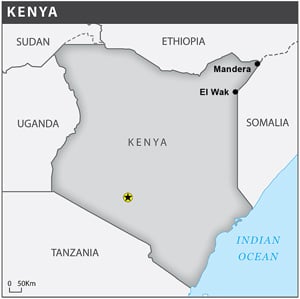 Map of Kenya showing Mandera and El Wak towns in the North-east