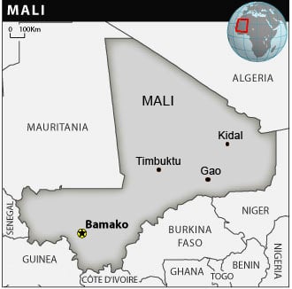 Map of Mali showing Timbuktu, Kidal and Gao towns