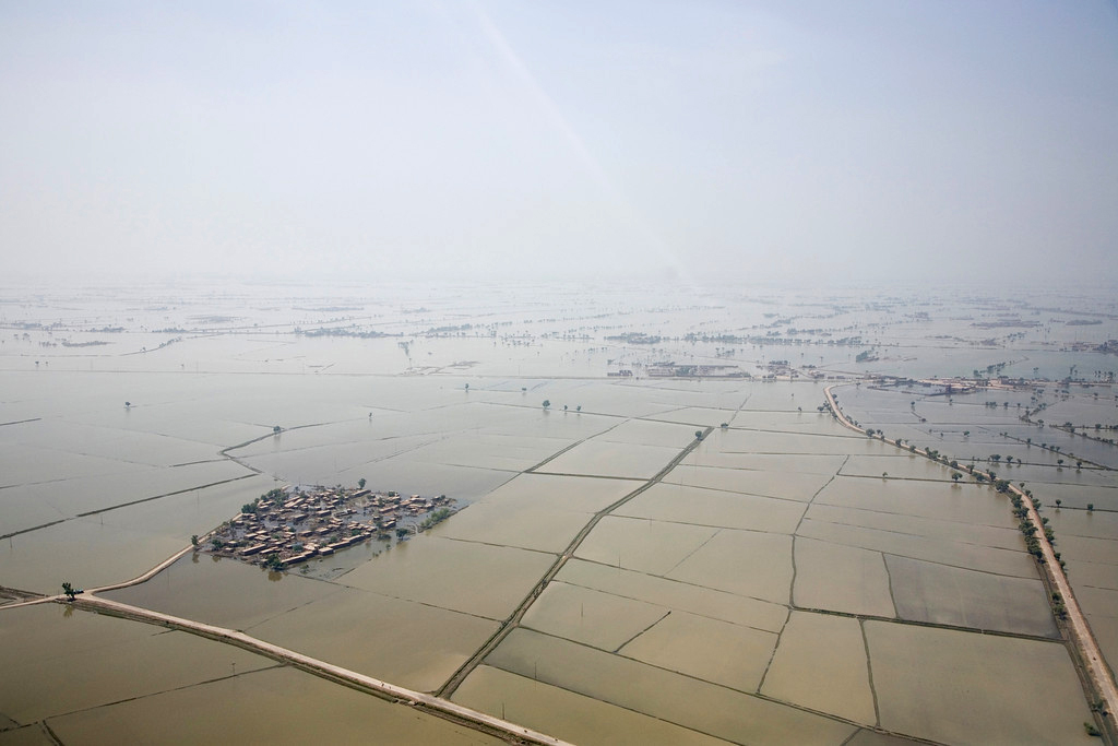 The fields around Thul in Sindh Province, Pakistan, are completely inundated by the floods that have affected almost 21 million people and destroyed 2 million acres of standing crops throughout the country