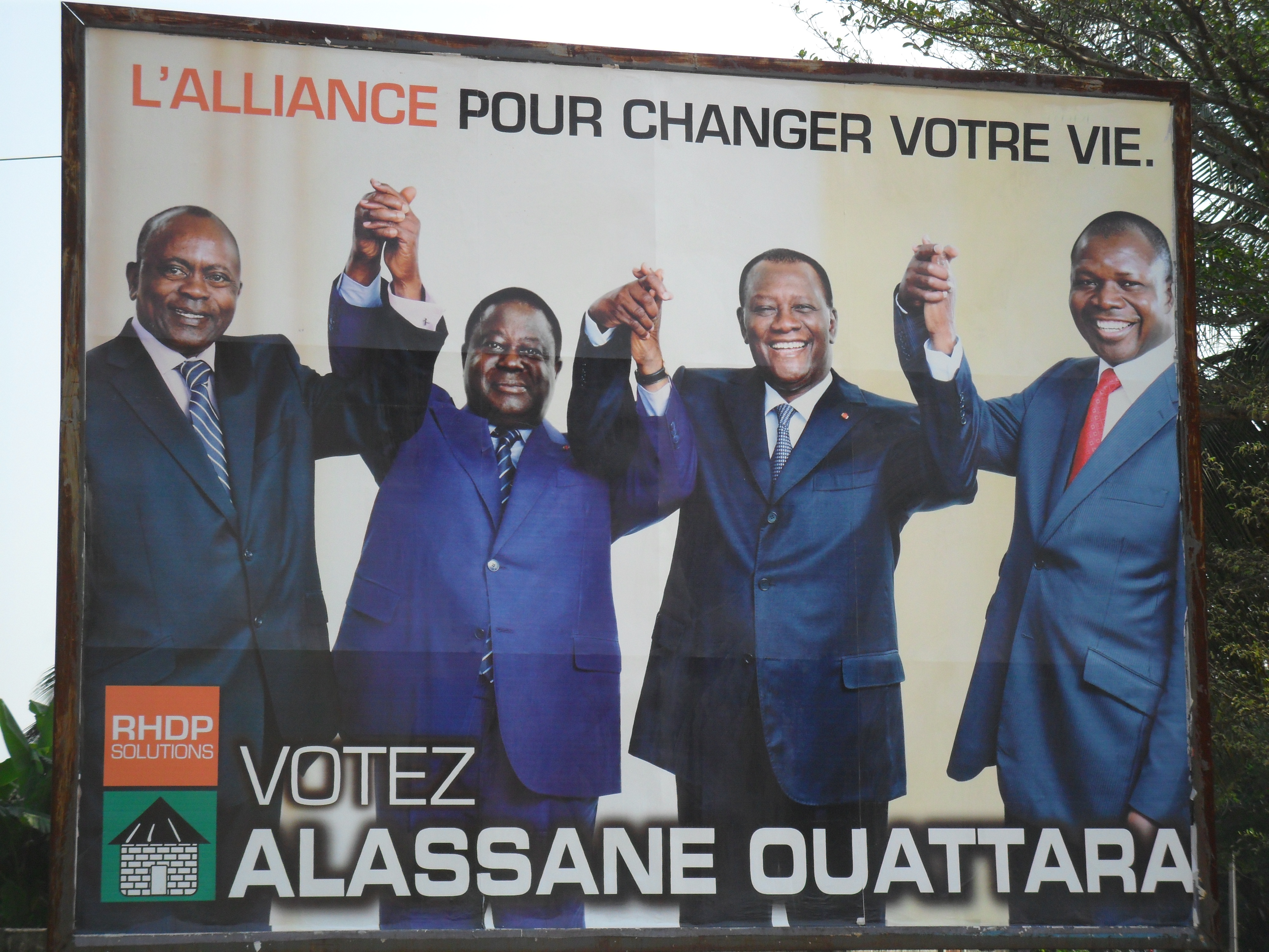 Alassane Ouattara billboard in Abidjan the day of the presidential run-off, 28 November 2010. For the second round, former president Henri Konan Bédié and other first-round candidates threw their support behind Ouattara