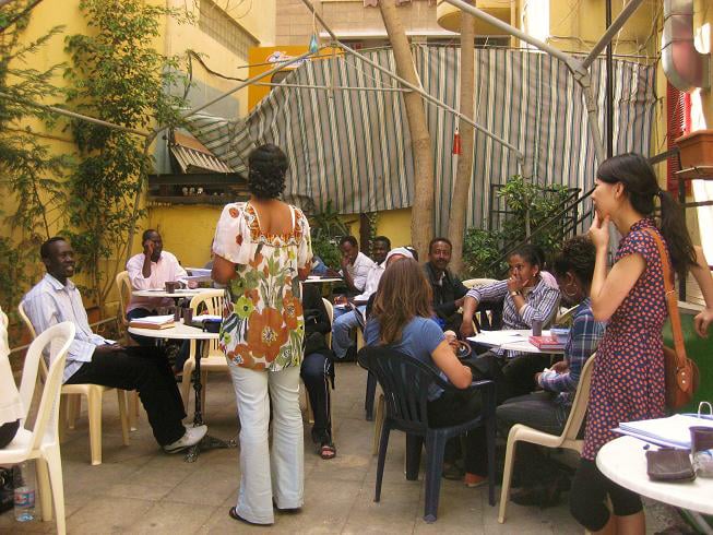 Students and MWTF co-founder Janie Shen during the Sunday language classes in Lebanon