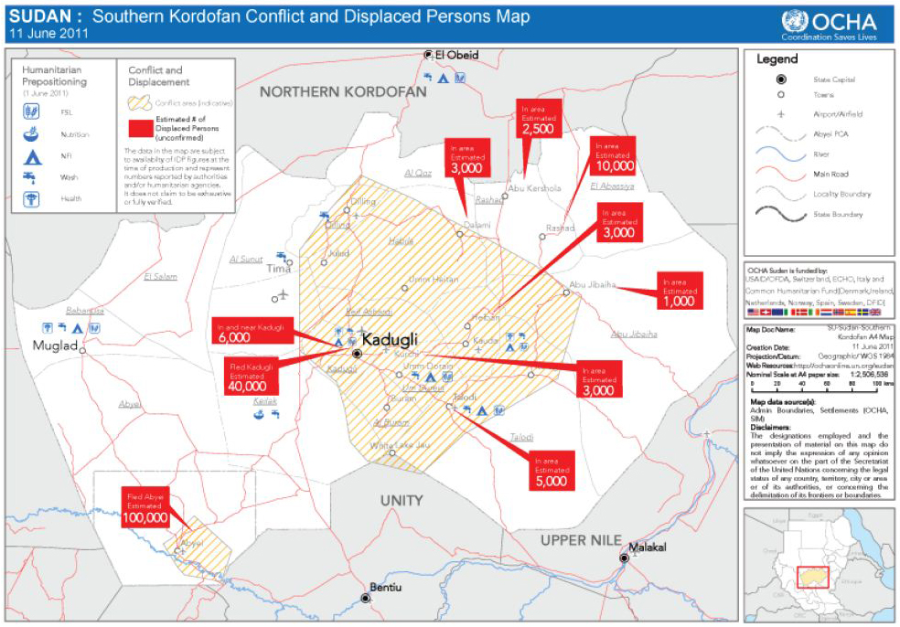 Conflict and displacement in Southern Kordofan (<a href="http://www.irinnews.org/pdf/Southern_Kordofan.pdf" target="_blank"><strong><font color=#006699>See larger version of map</font></strong></a>)