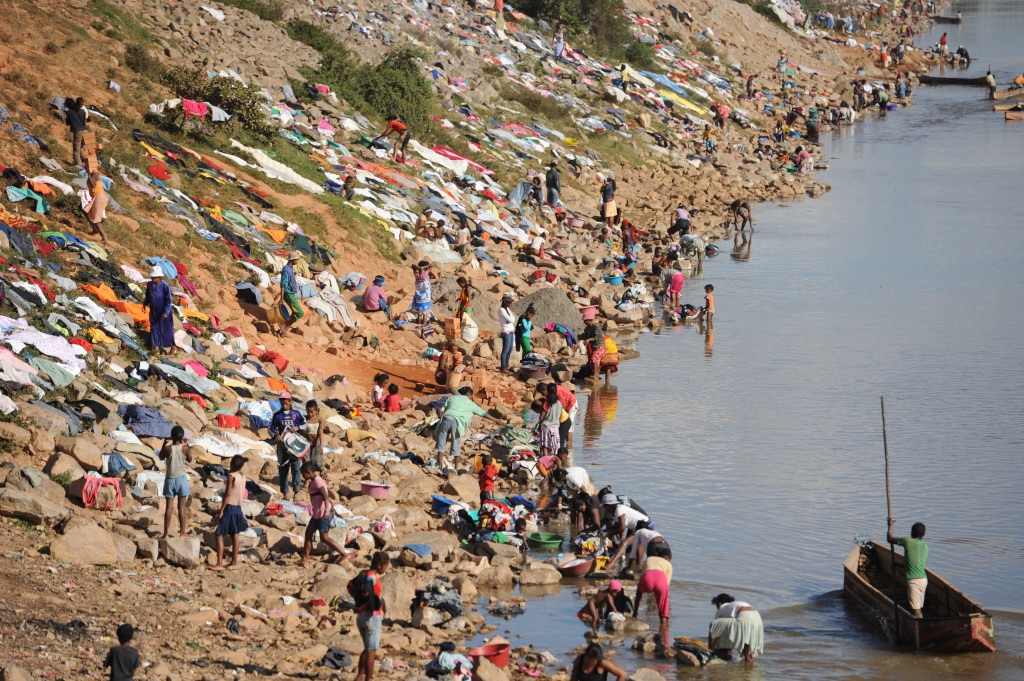 Clothes drying on the banks of the Ikopa River, the main water course in the Madagascan capital of Antananarivo