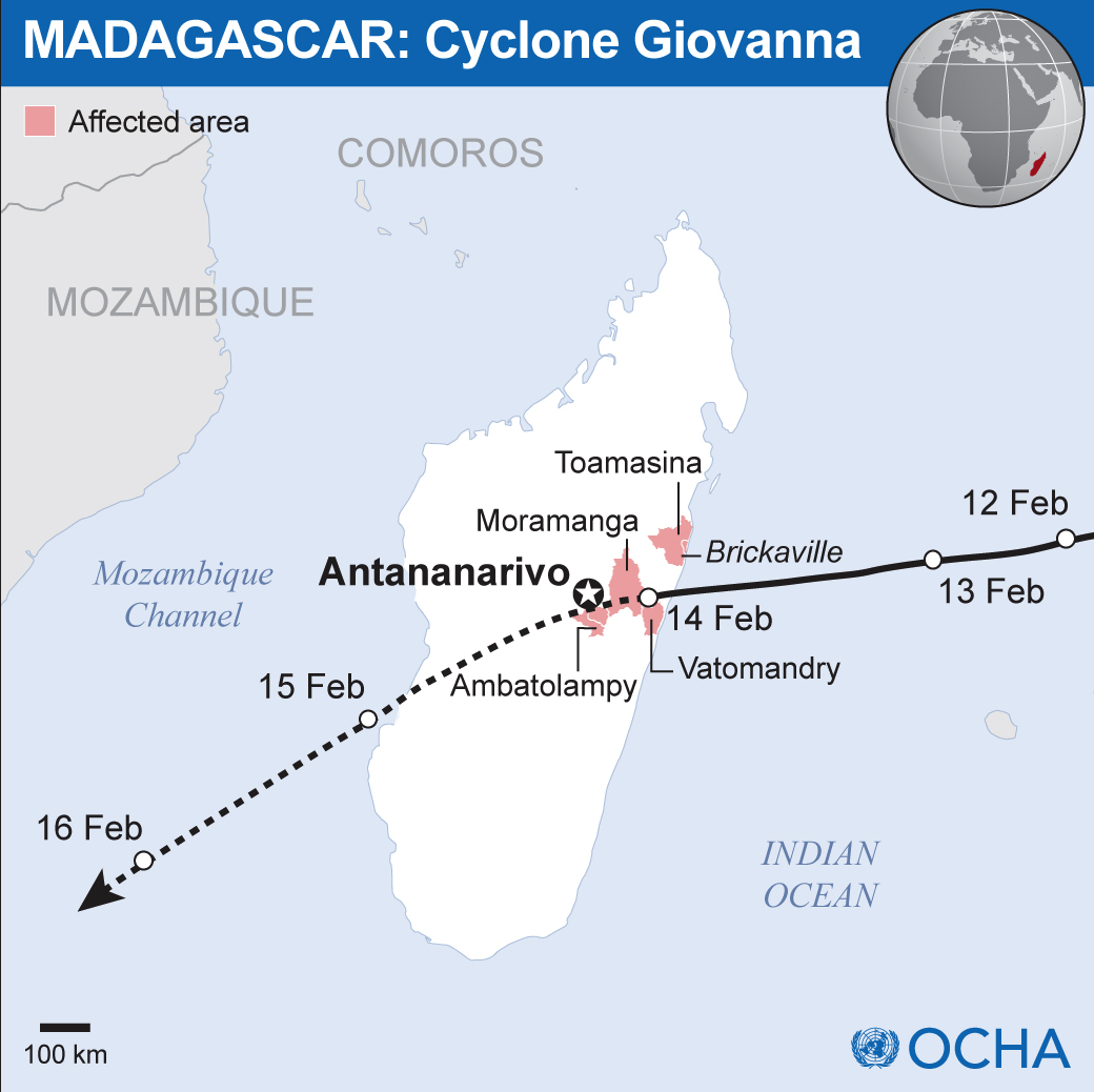 14 Feb 2012 - Tropical Cyclone Giovanna made landfall on Madagascar’s eastern coast early Tuesday morning. The
category-4 storm hit densely-populated districts like Toamasina, Brickaville, Ambatolampy and Vatomandry causing at least two deaths and sign