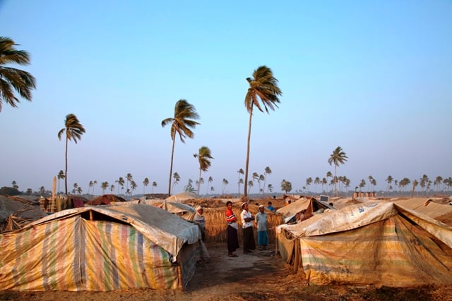 Most of the thousands of unregistered Rohingya IDPs in this camp live in thatched-straw shelters spread across a flood-prone field. More than 125,000 Rohingyas were displaced in June and October 2012 following inter-communal violence in Myanmar's western 