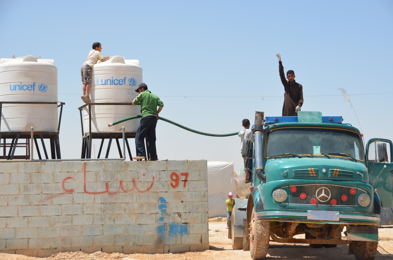 Every day, contractors truck nearly four million litres of water to Za'atari camp for Syrian refugees in northern Jordan