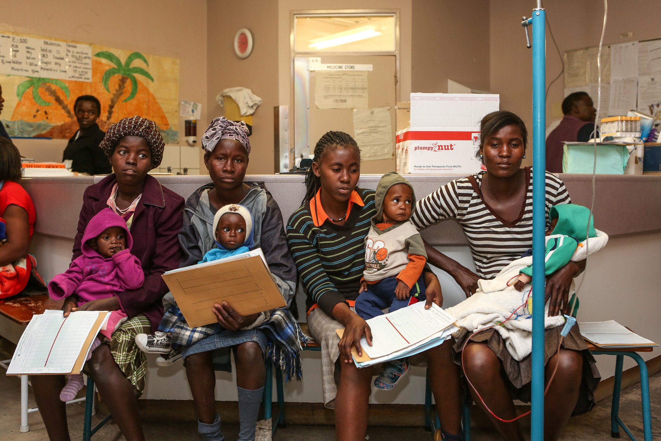 Mothers with their malnourished children at Engela District Hospital in northern Namibia's Ohangwena Region. There has been an increase in admissions for acute malnutrition following two years of drought