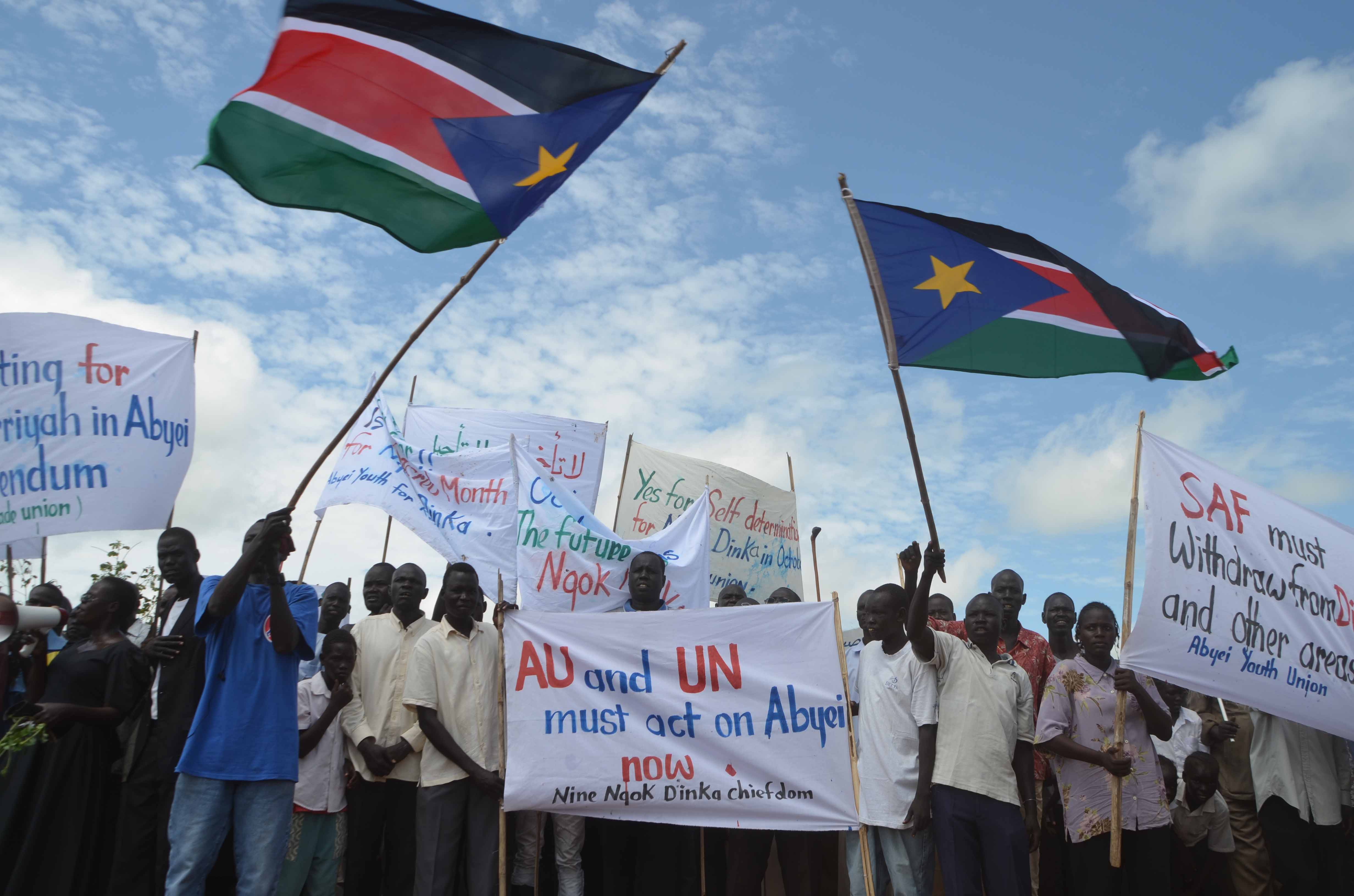 Resident of Abyei, a disputed region on the border between Sudan and South Sudan, demonstrate to demand a long-awaited self-determination referendum