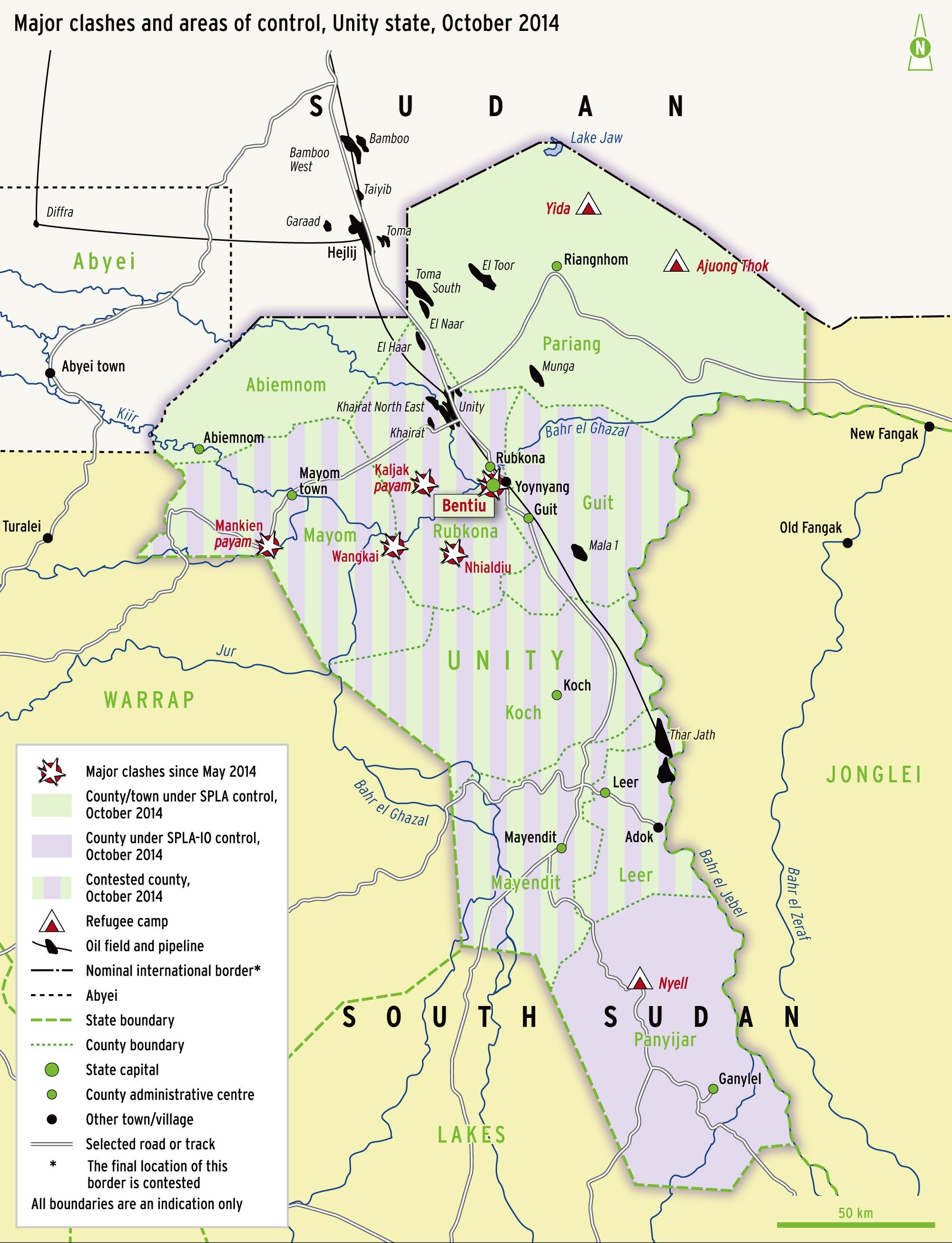 Major clashes and areas of control, Unity state, October 2014