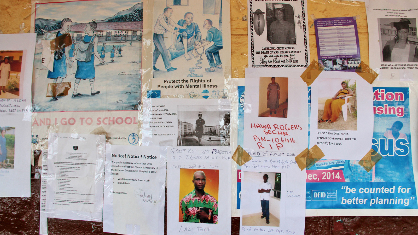 Memorial notes posted for Kenema hospital nurses who have died in the Ebola fight.