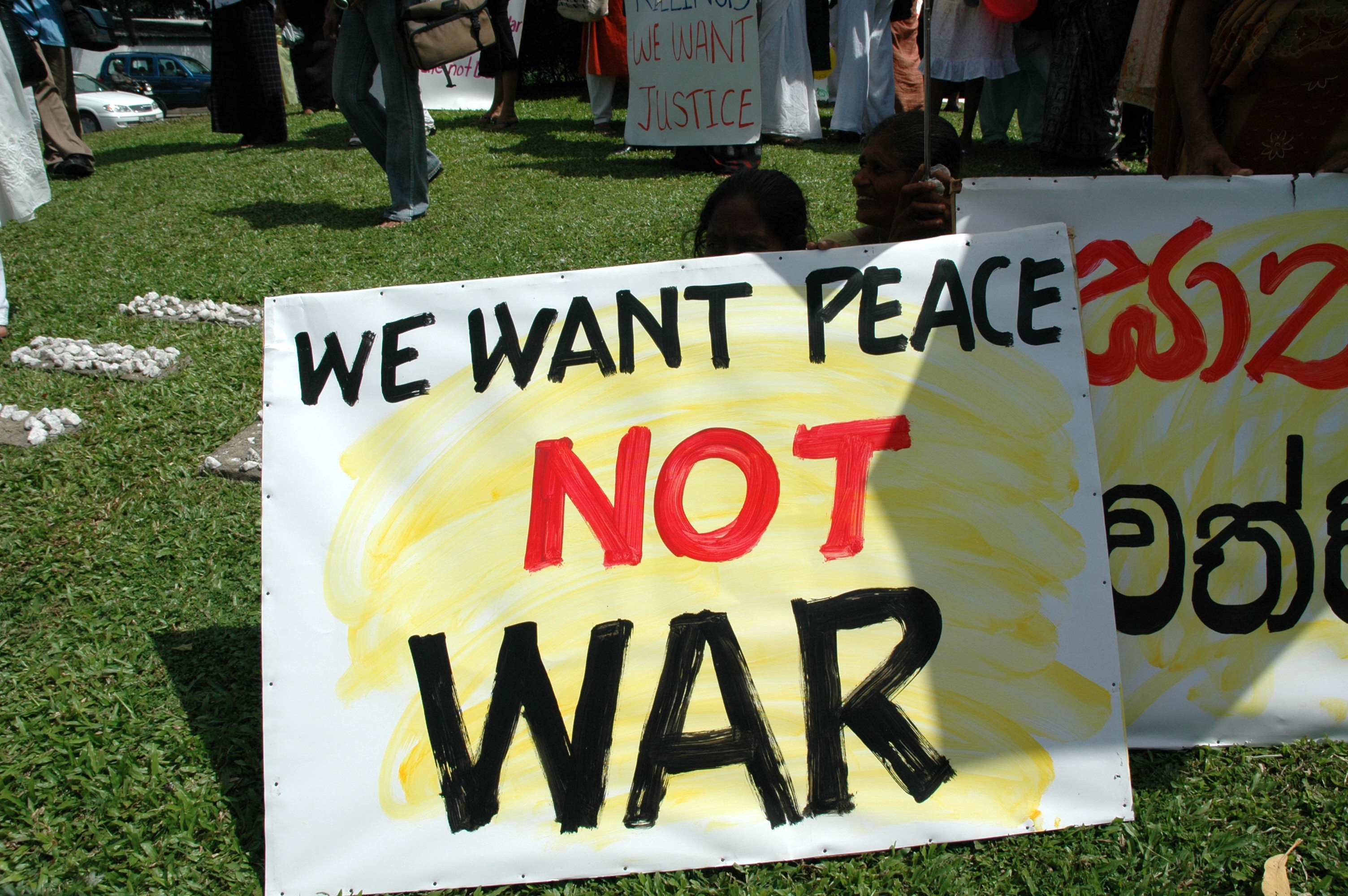 Signs held during a prayer service by Pope Francis at the Madhu Shrine in North Western Sri Lanka by relatives of those still missing after the end of the civil war. 14 January 2015. 