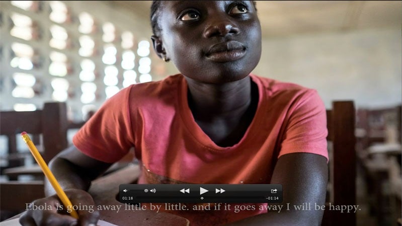 Frances Dumor, a third grade student at Banjor Central High School in Monrovia, Liberia, returns to school on 16 February 2015, for the first time in more than six months, after Ebola shut down schools nationwide.