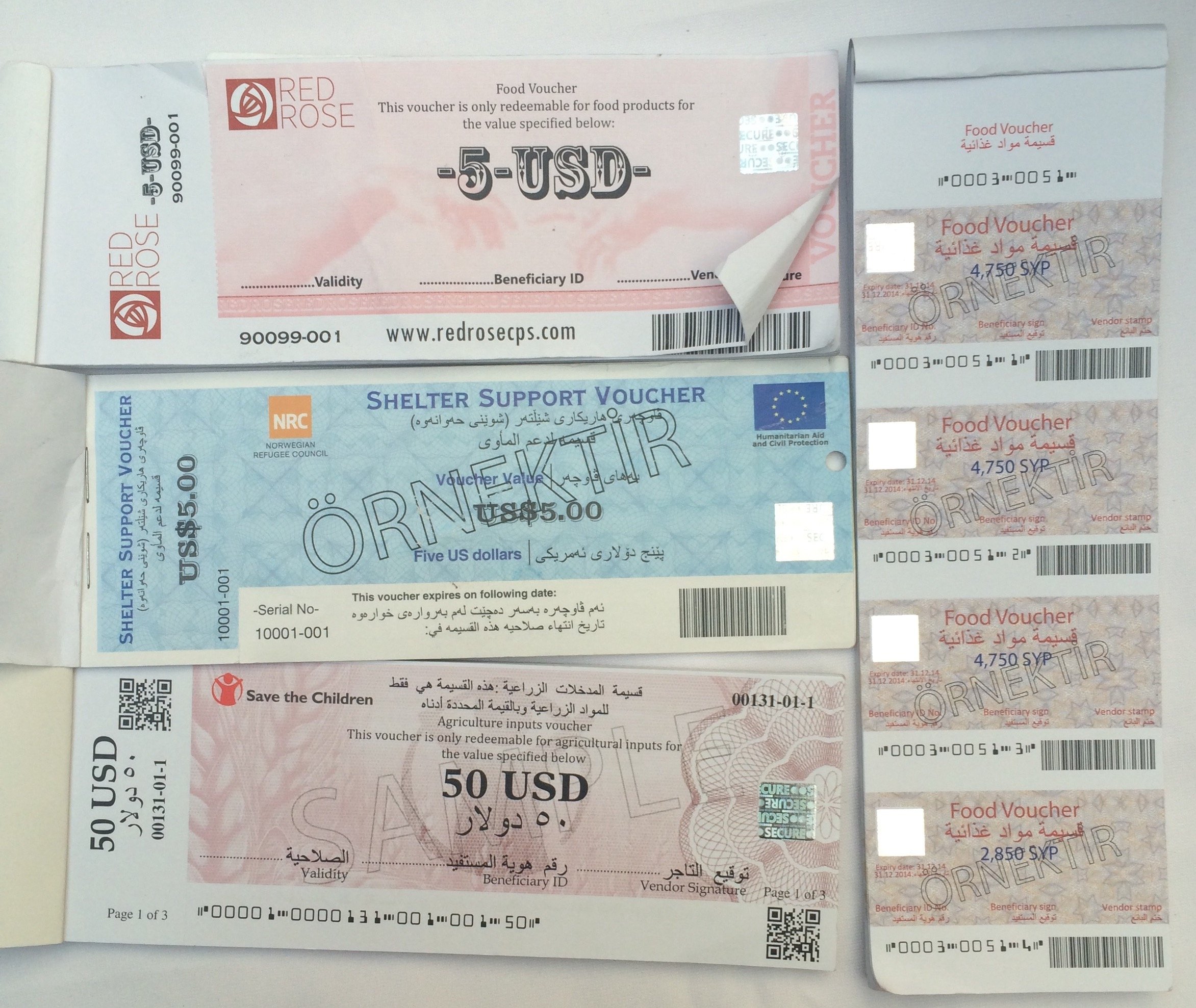 Some aid agencies are looking at Bitcoin technology to
provide more efficient ways of delivering cash and credit to people in
need. Pictured are a sample of vouchers used as pseudo-currency
currently