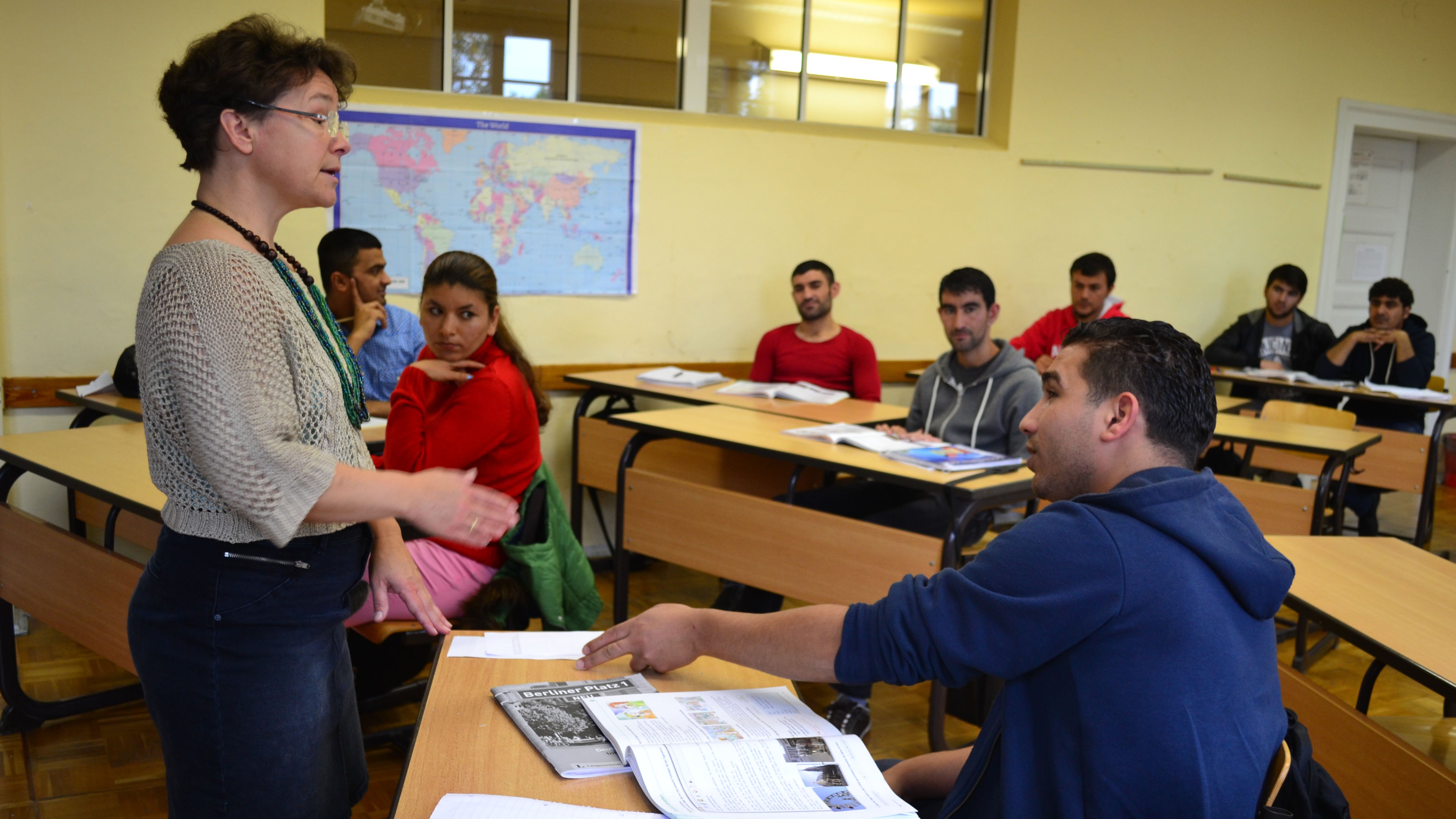 German language teacher, Marita Fischer leads an intermediate German class for refugees and asylum seekers in Pirna, Saxony