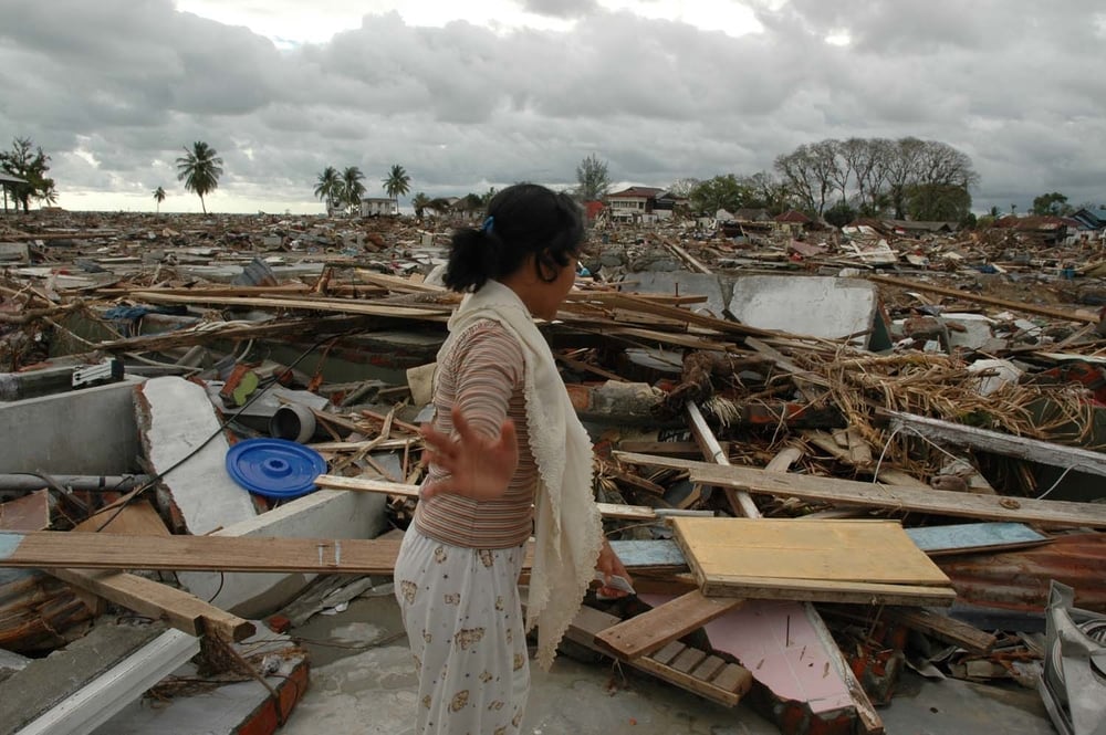 A student surveys the remains of her house in a village in West Aceh