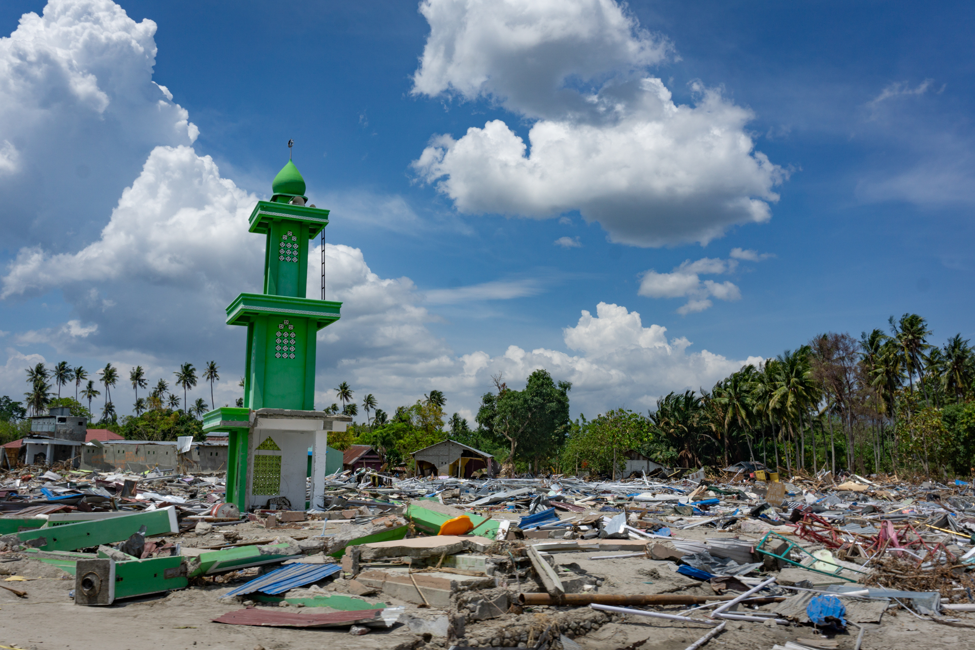 A single minaret stands among hundreds of flattened houses in Mamboro district, Palu, in Indonesia’s Central Sulawesi province.